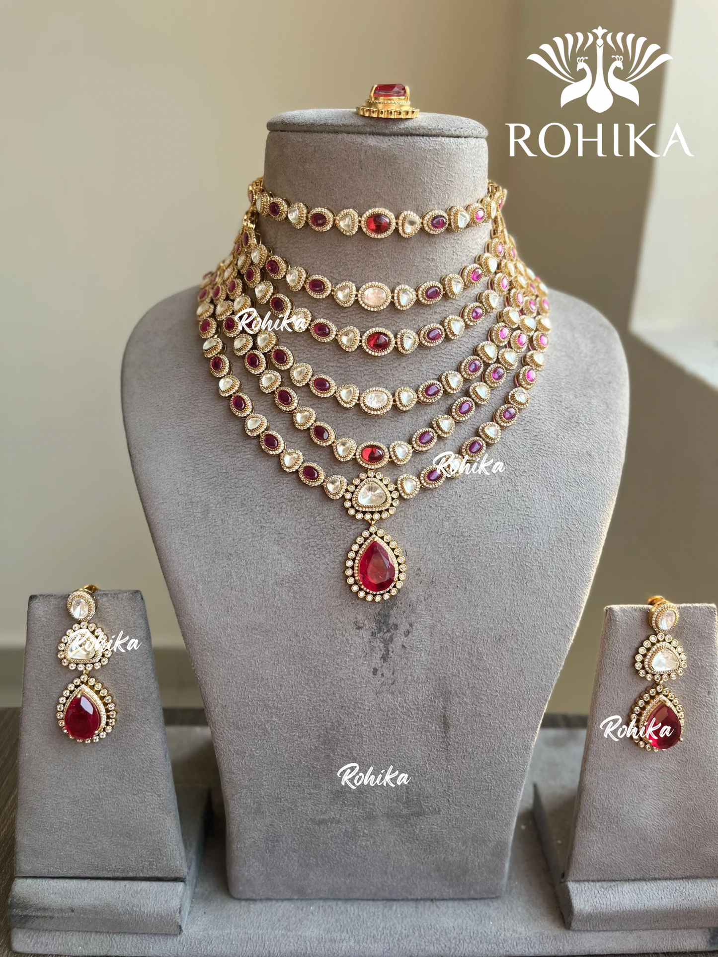 Prakriti polki kundan necklace set - Red - Rohika Store