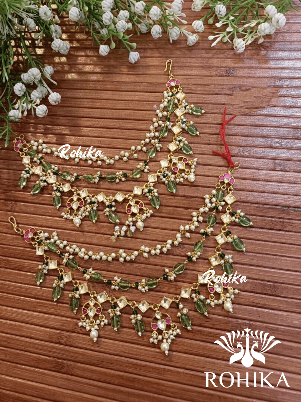 Pachhi kundan earchains - Green - Rohika Store