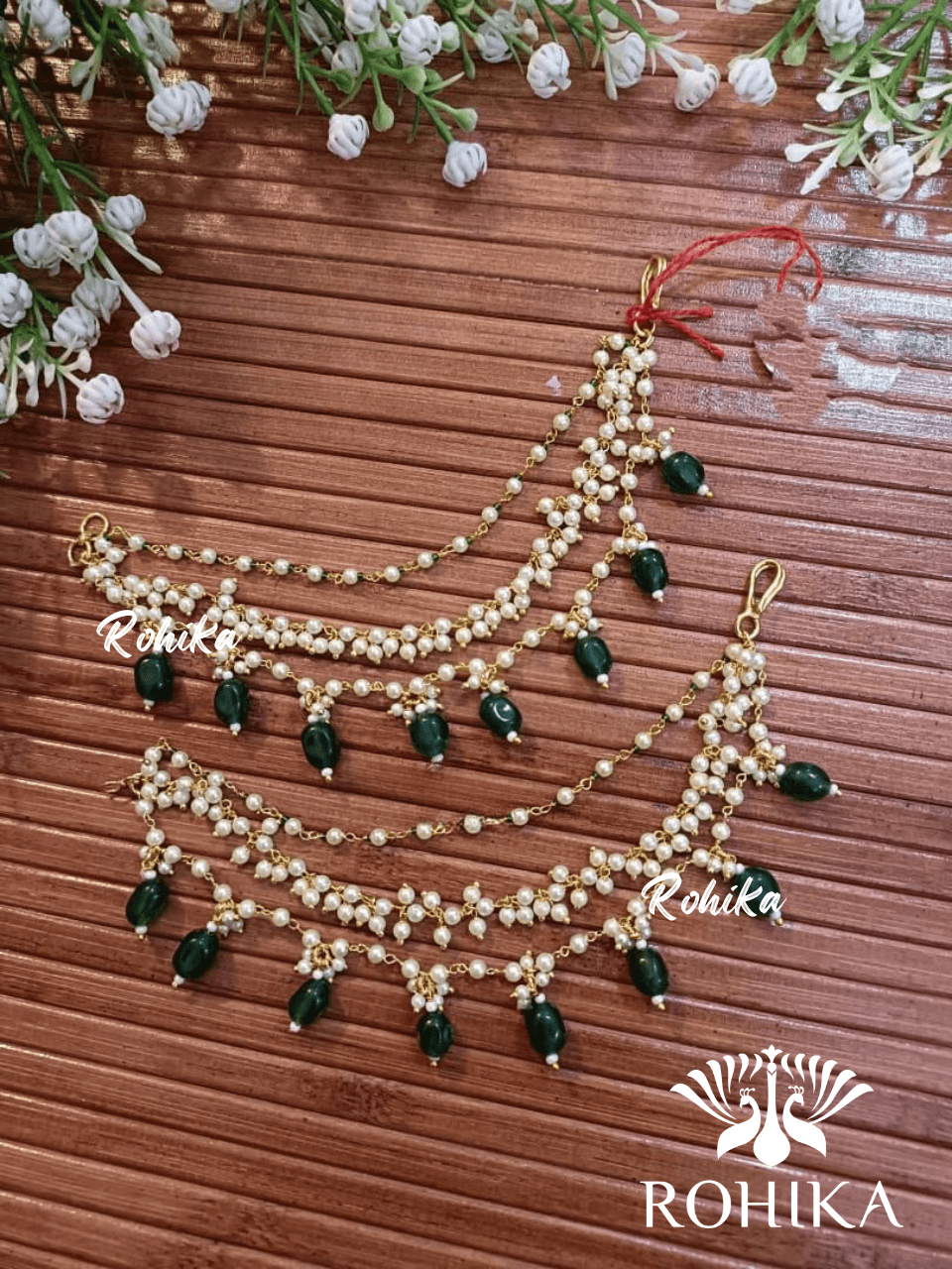 Pearl chain earchains - Green - Rohika Store