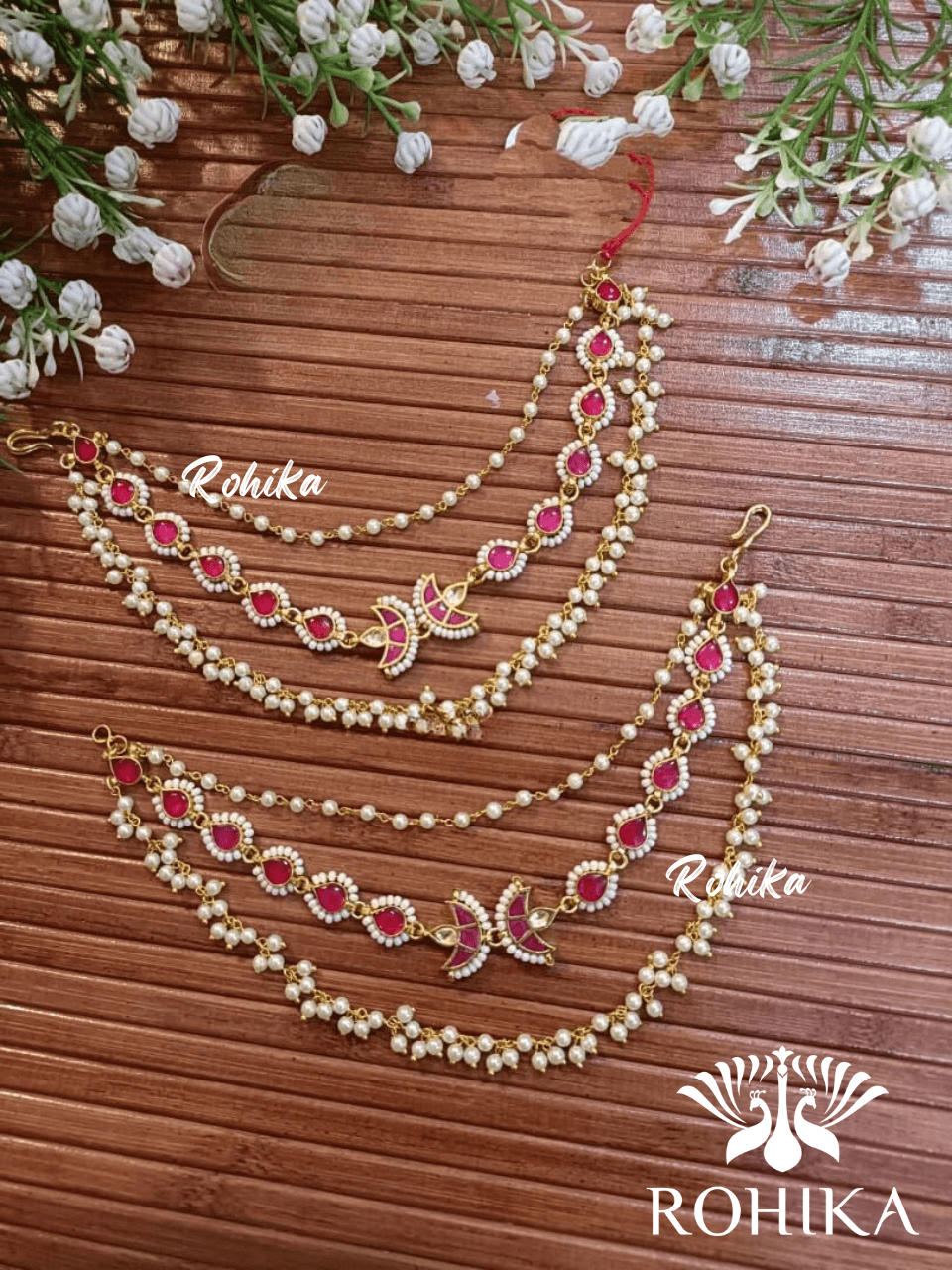 Pachhi kundan earchains - Pink - Rohika Store