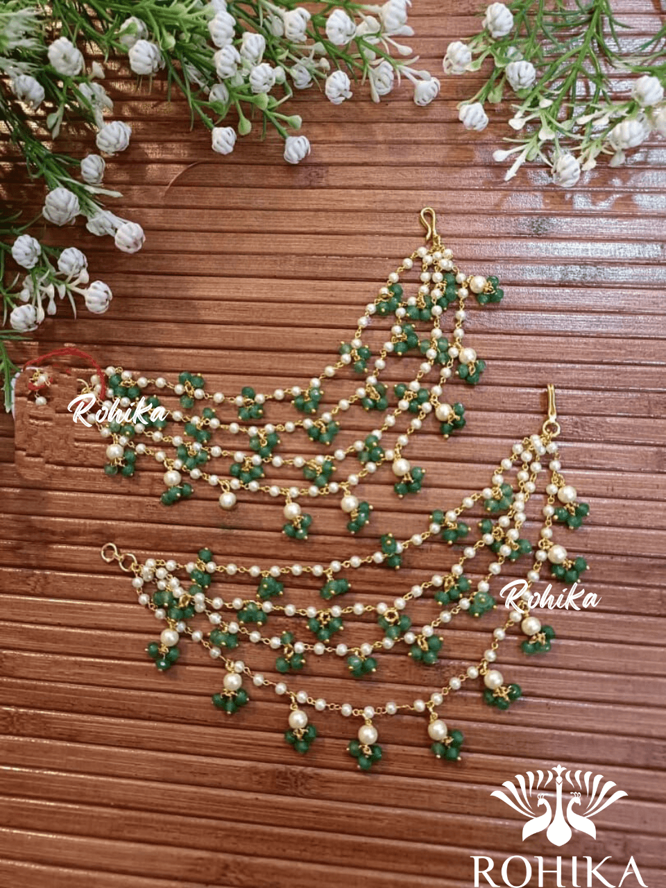 Pearl chain earchains - Green - Rohika Store