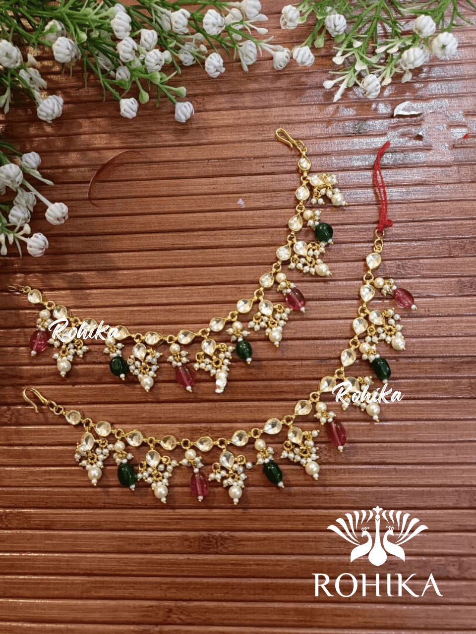 Pachhi kundan chain earchains - Green and Red - Rohika Store