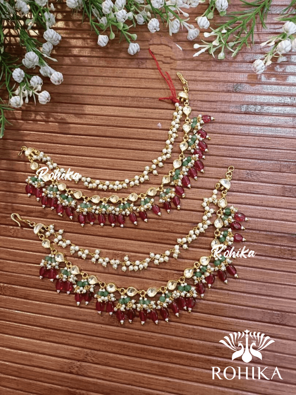 Pachhi kundan chain earchains - Red - Rohika Store
