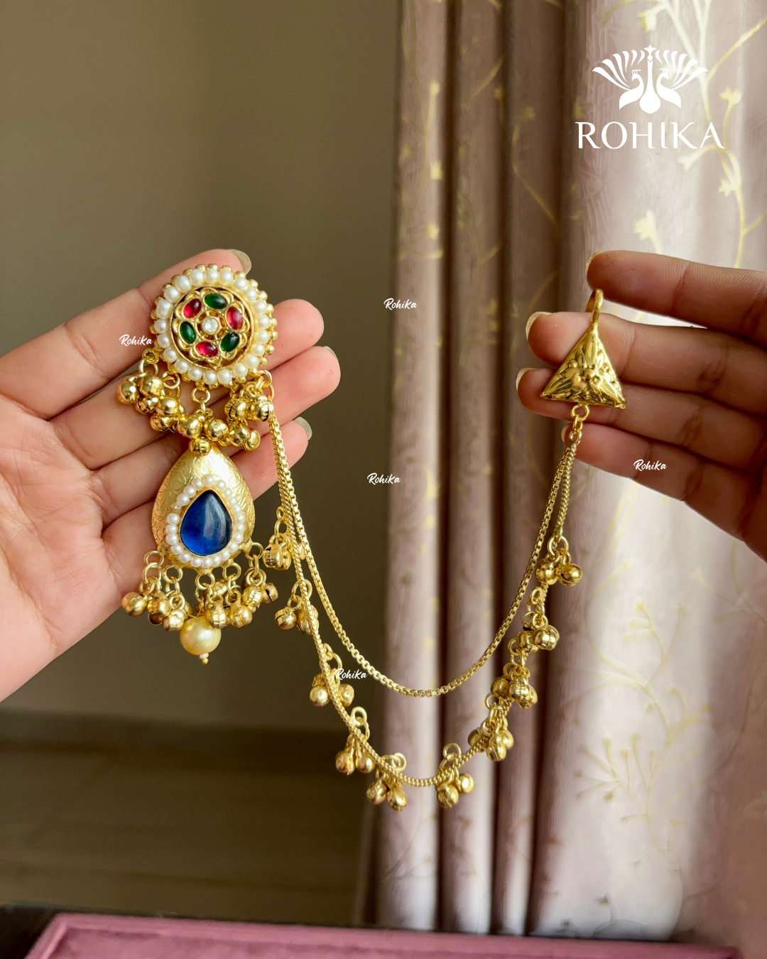 Piya polki kundan earrings with earchains(EE-003)- Blue