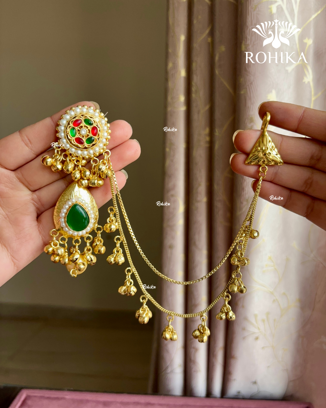 Piya polki kundan earrings with earchains(EE-003)- Green