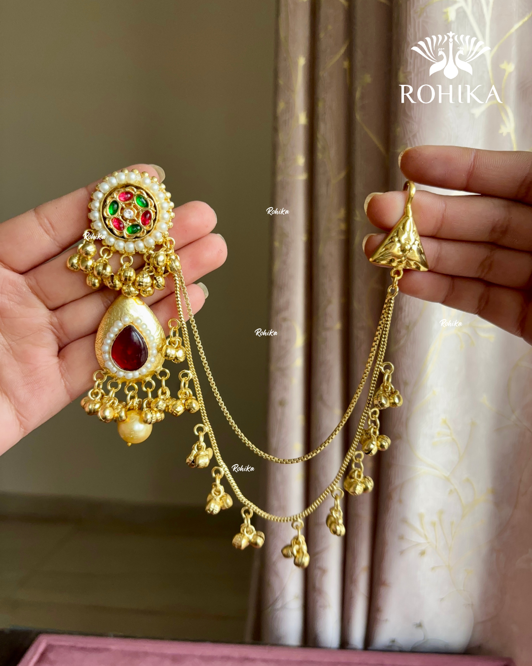 Piya polki kundan earrings with earchains(EE-003)- Red