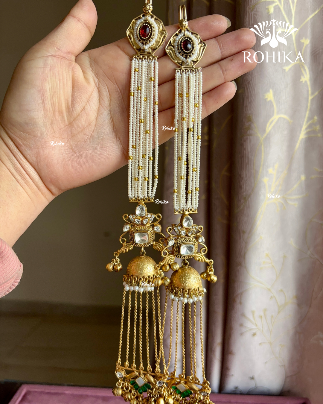 Piya polki kundan earrings with earchains(EE-006)- Green - Rohika jewellery