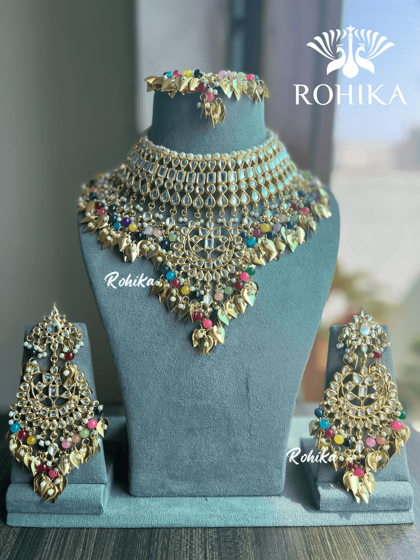 Simran peepal patti kundan necklace set - Multi colour - Rohika Store