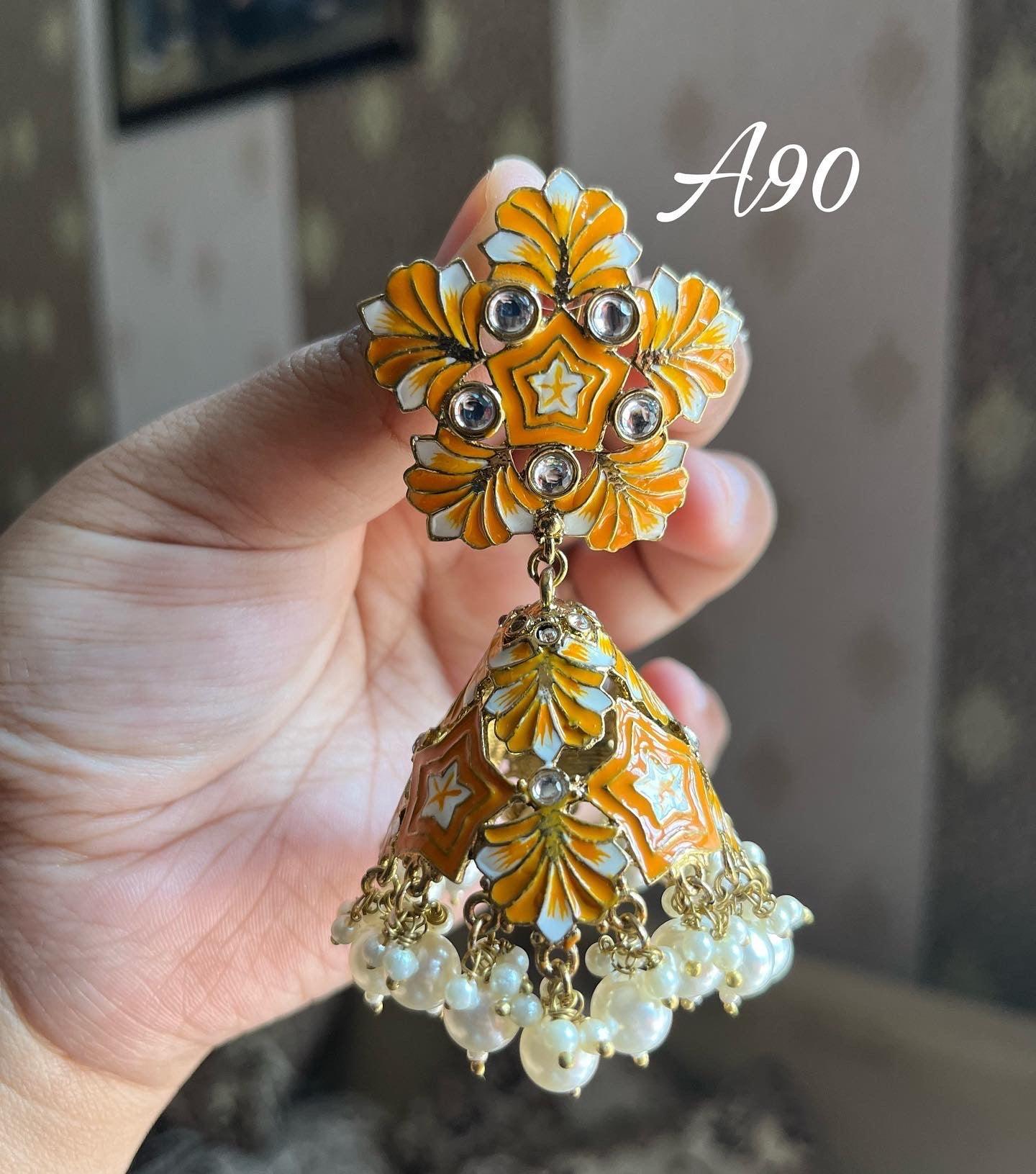 Mayuri meenakari jhumkas-Yellow - Rohika Store