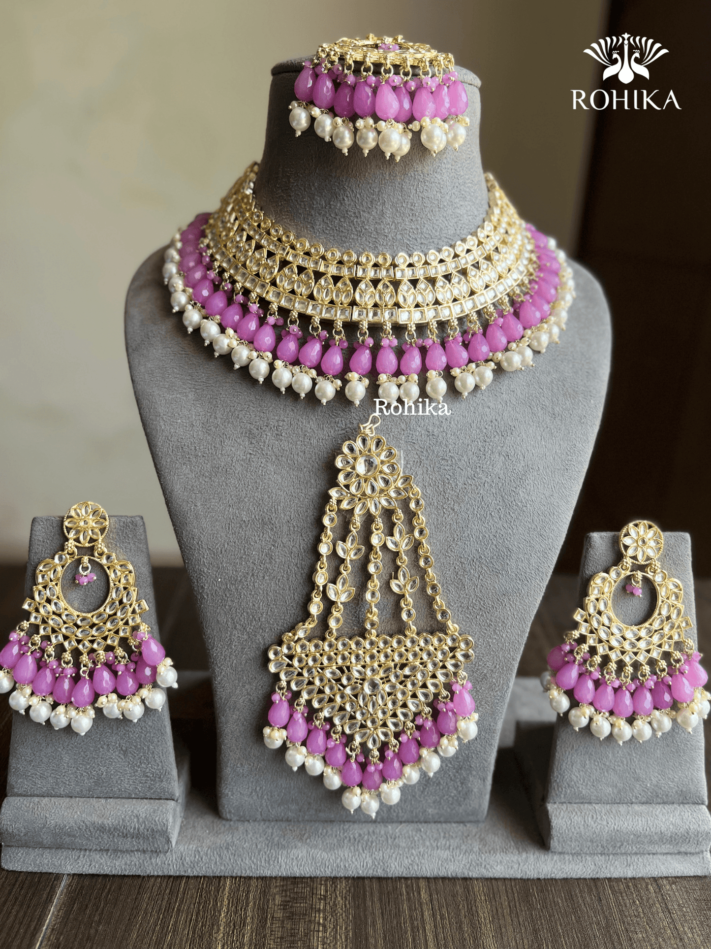 Shabana dabi Kundan semi-bridal necklace set - Purple - Rohika Store