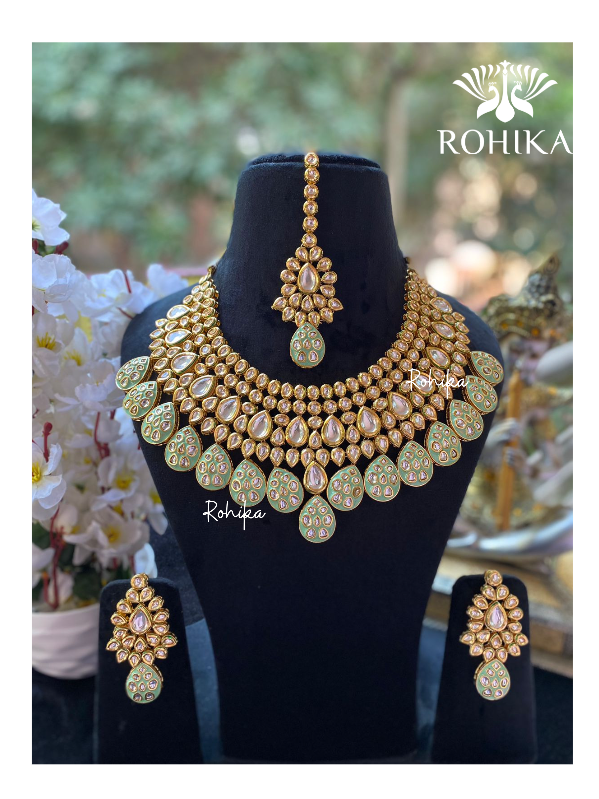 Nusrat semi bridal kundan necklace set Light Green Rohika Store