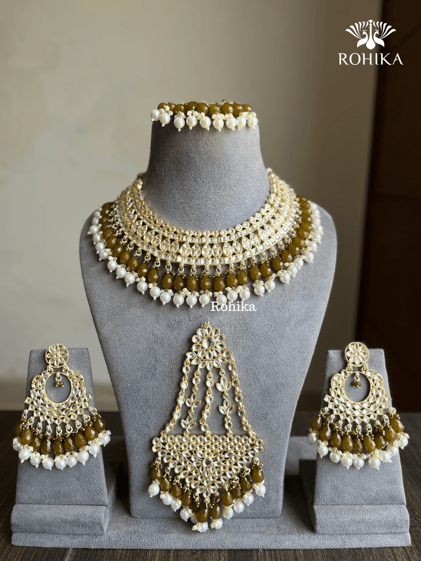 Shabana dabi Kundan semi-bridal necklace set - Mehandi - Rohika Store