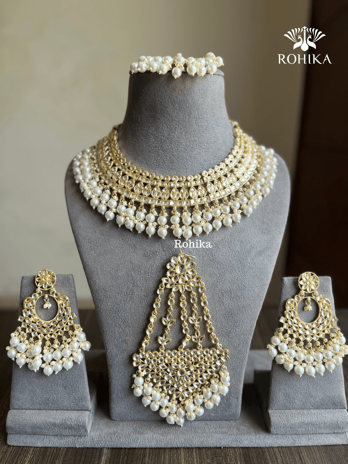 Shabana dabi Kundan semi-bridal necklace set - White - Rohika Store