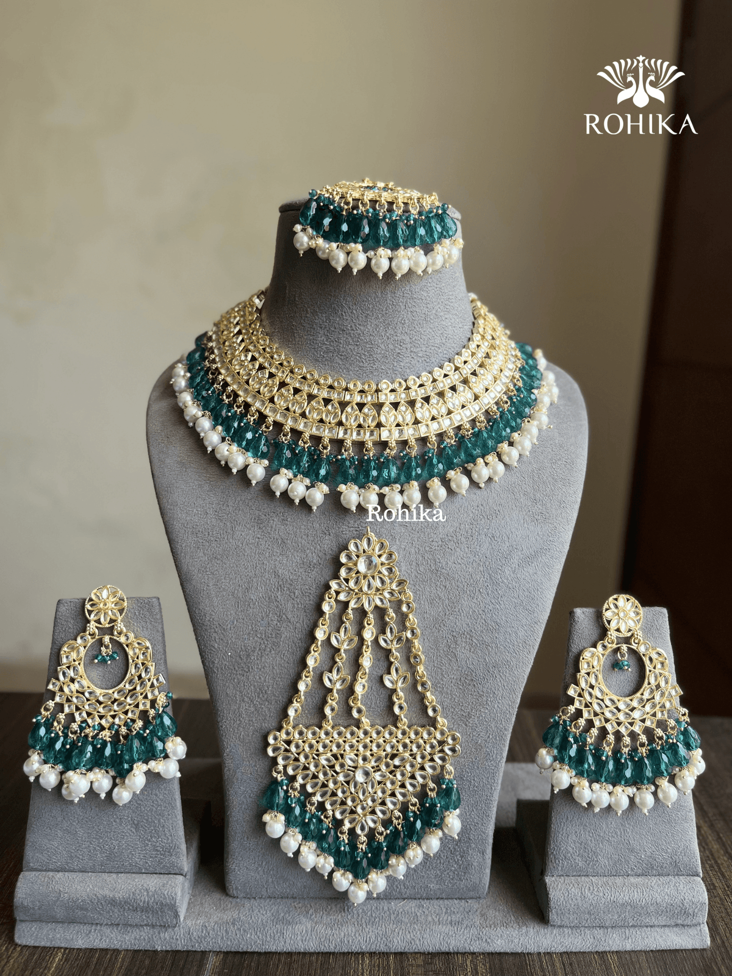 Shabana dabi Kundan semi-bridal necklace set - Rama green - Rohika Store