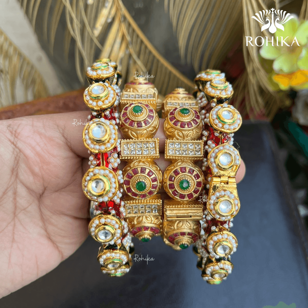 Jadau kundan bangle/Kada set - Red - Rohika Store