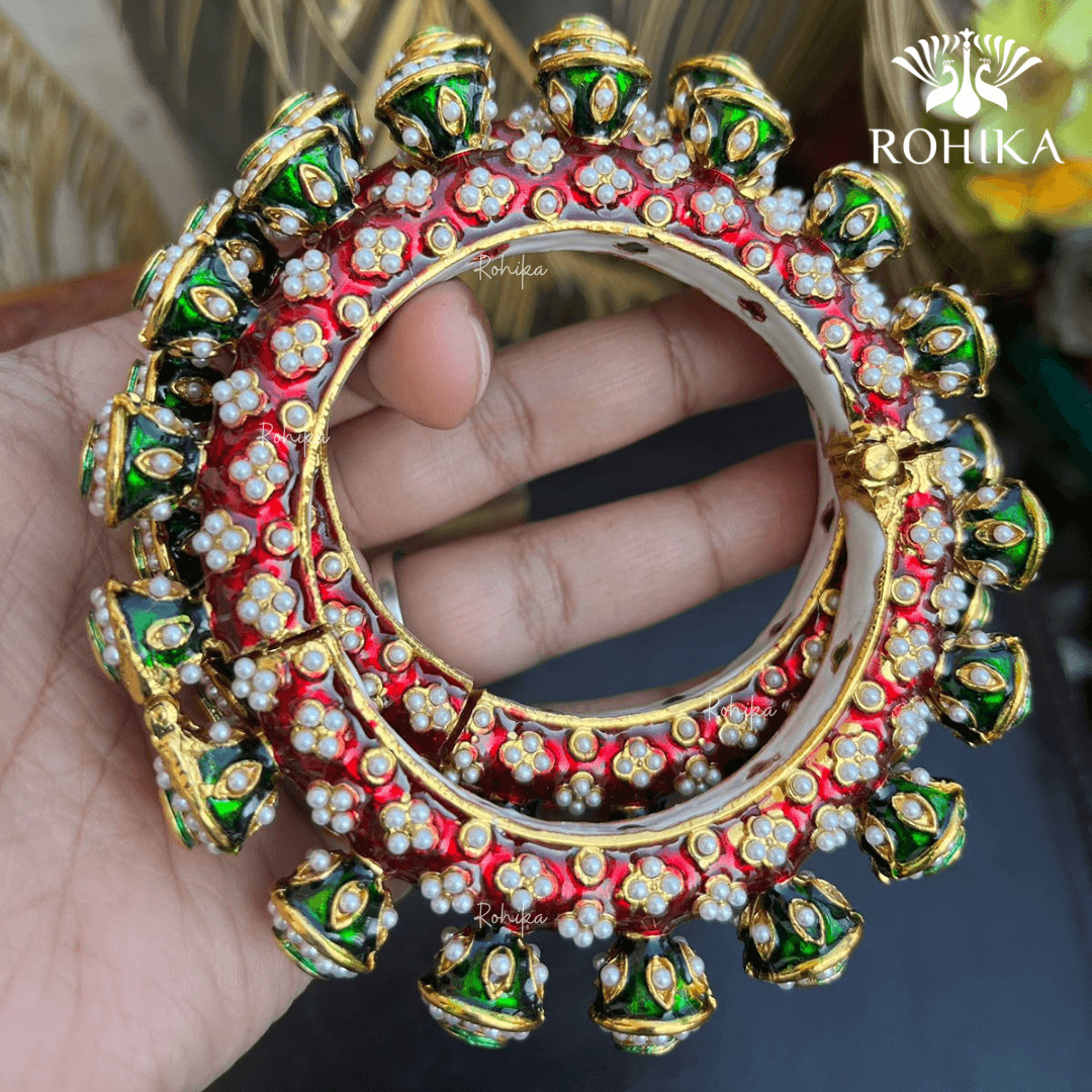 Jadau kundan bangle/Kada set - Red - Rohika Store
