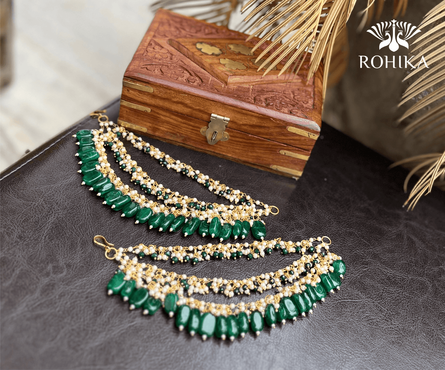 Nandini pearl earchains - Dark Green - Rohika Store