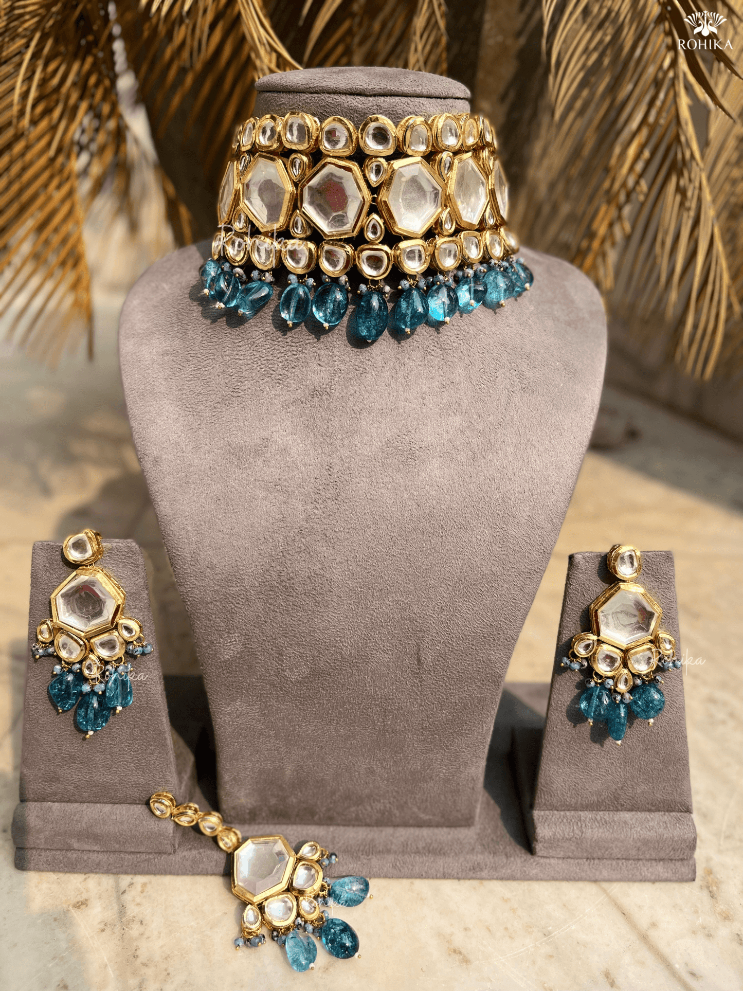 Pooja Banerjee kundan Choker set-Blue - Rohika Store
