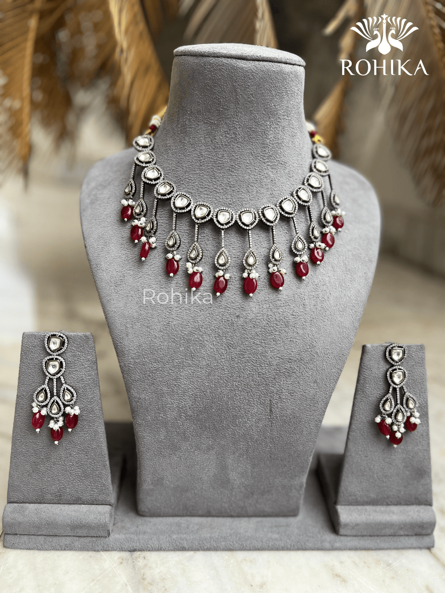 Shaina polki kundan necklace set - Maroon - Rohika Store