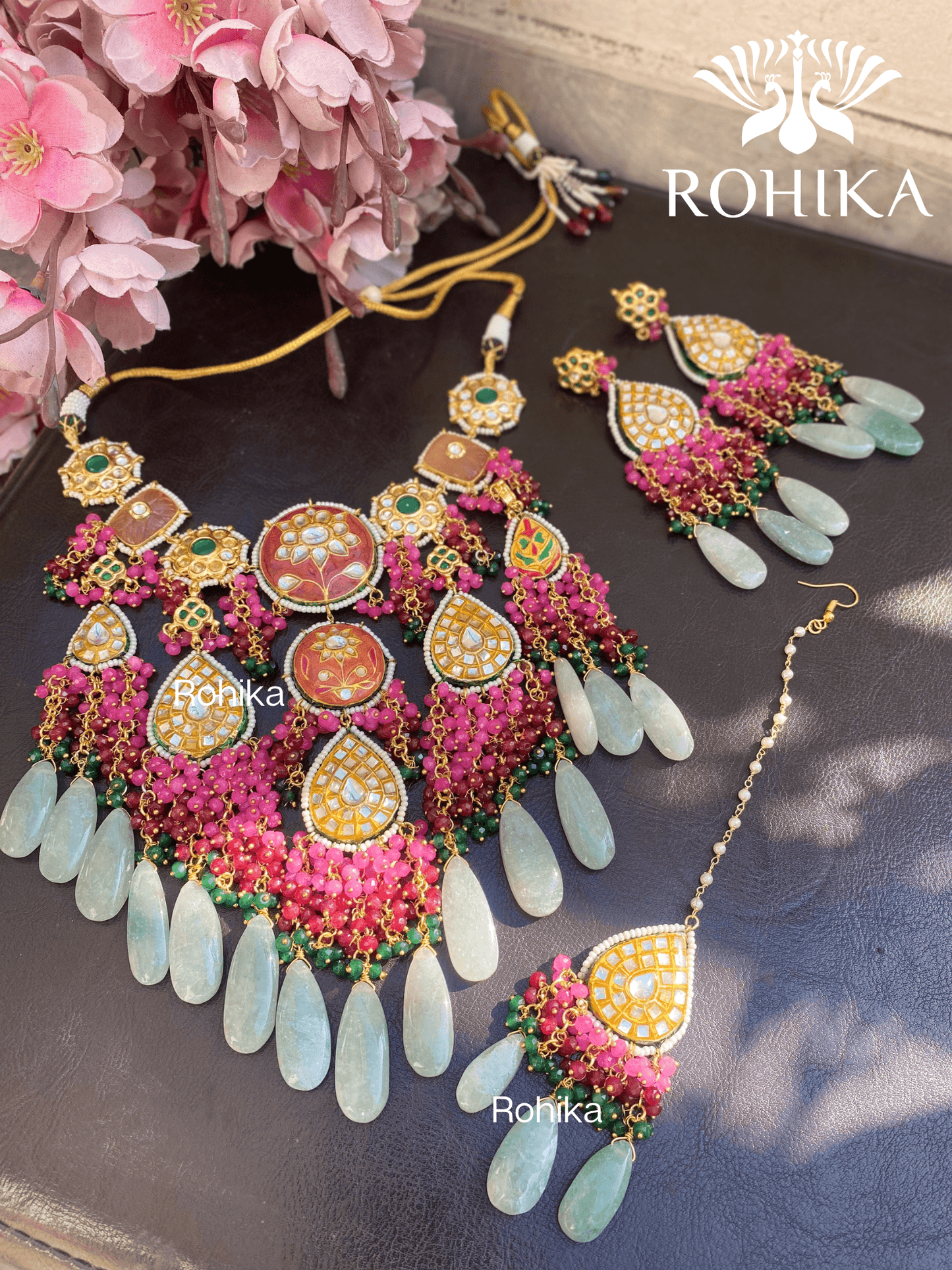 Mehnaaz meenakari choker ser - Sea green and Pink - Rohika Store