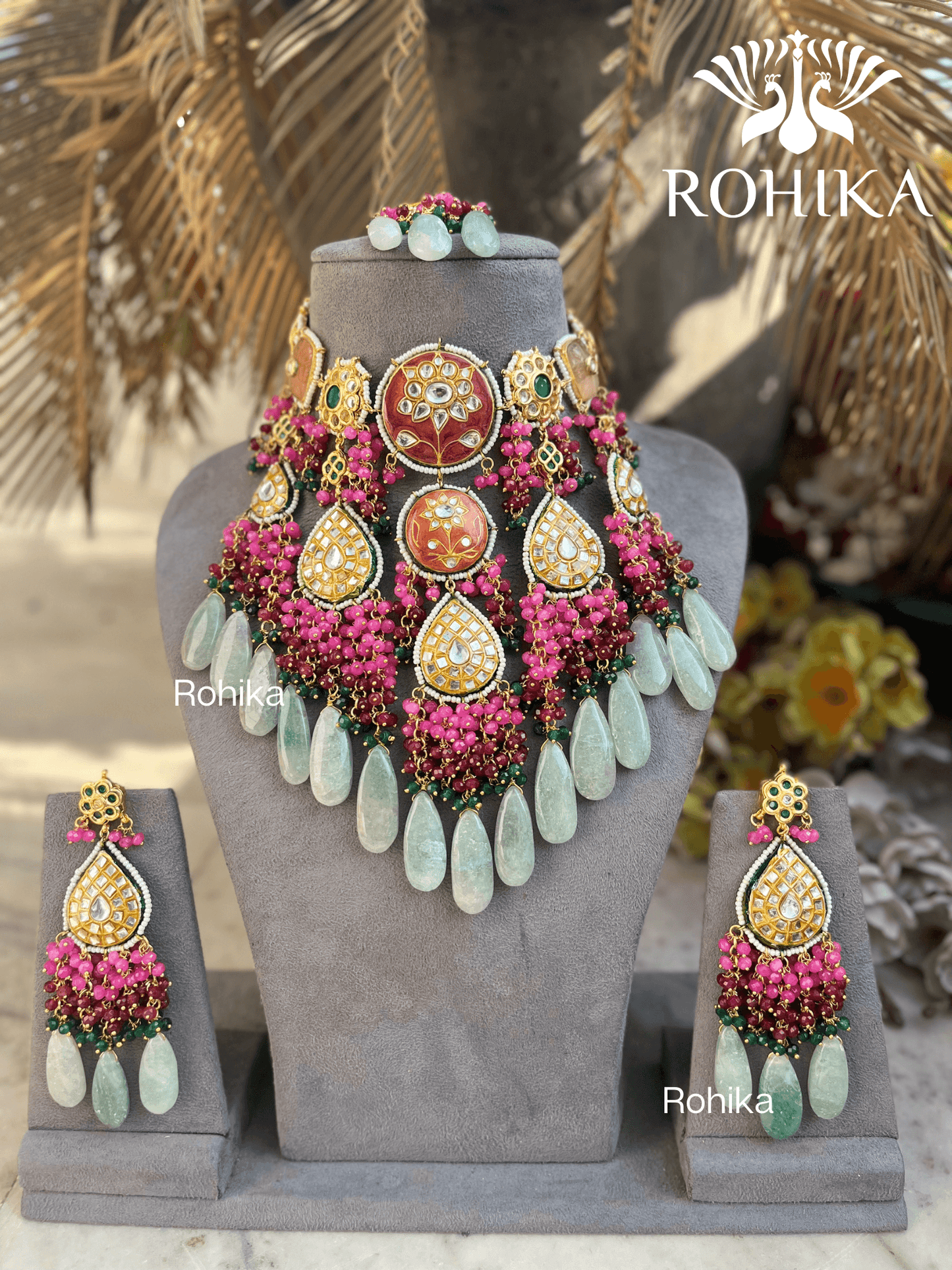 Mehnaaz meenakari choker ser - Sea green and Pink - Rohika Store