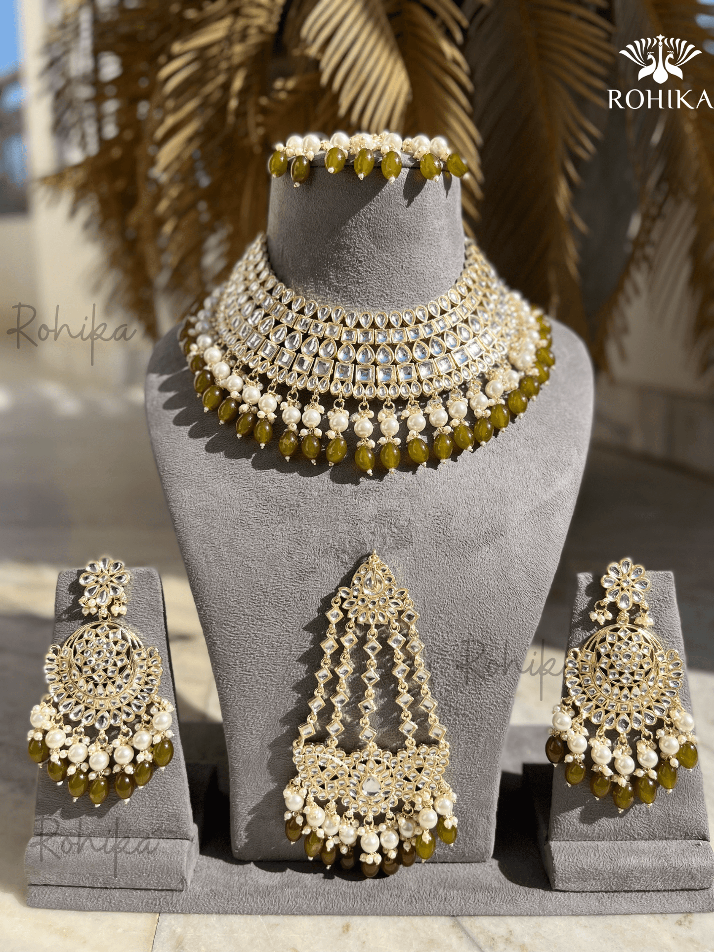 Shehzadi Dabi Kundan semi-bridal necklace set-Mehandi - Rohika Store