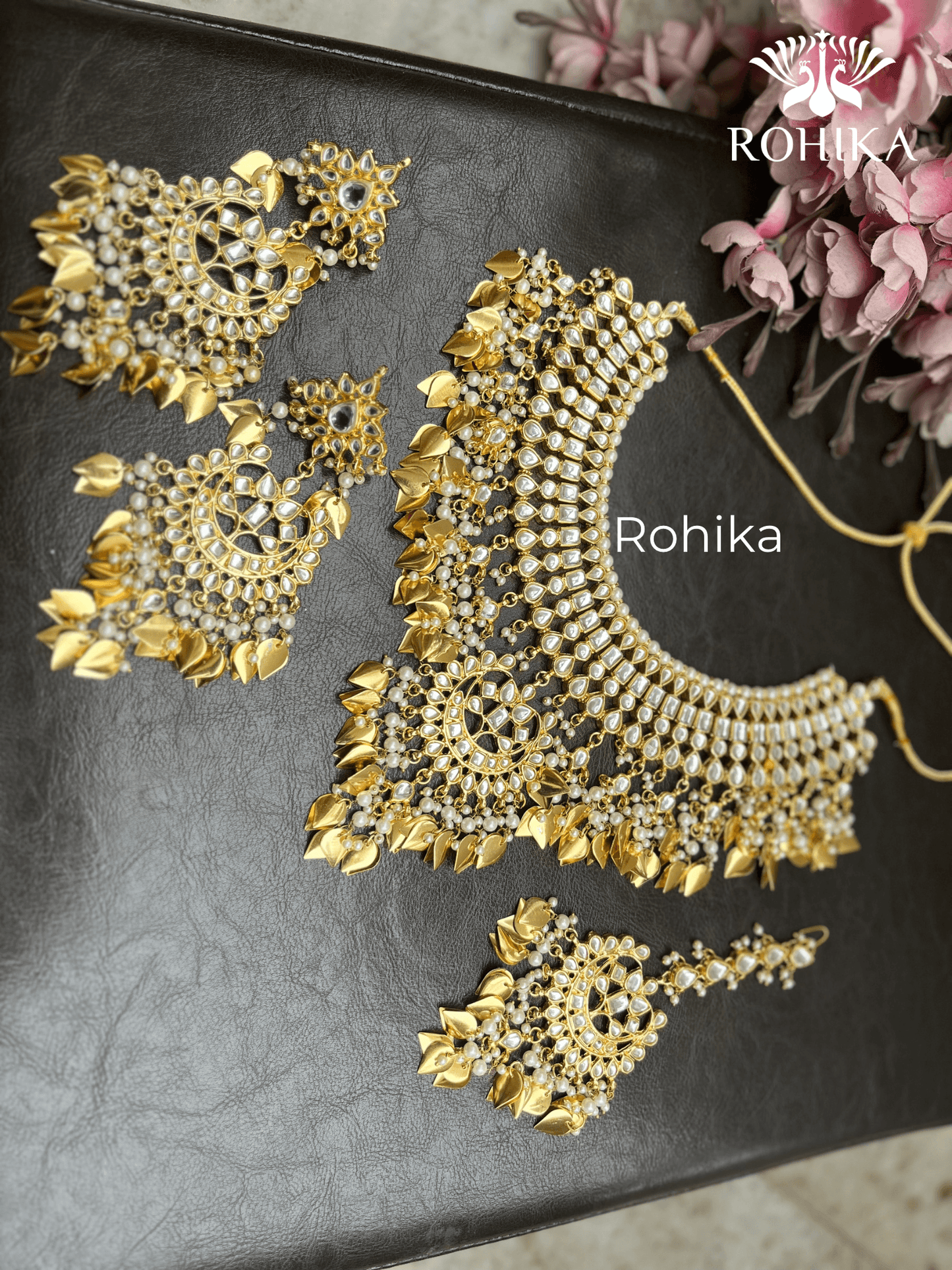 Simran peepal patti kundan necklace set - Golden - Rohika Store