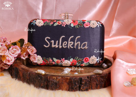 Red Embroidery - Customised name Clutch