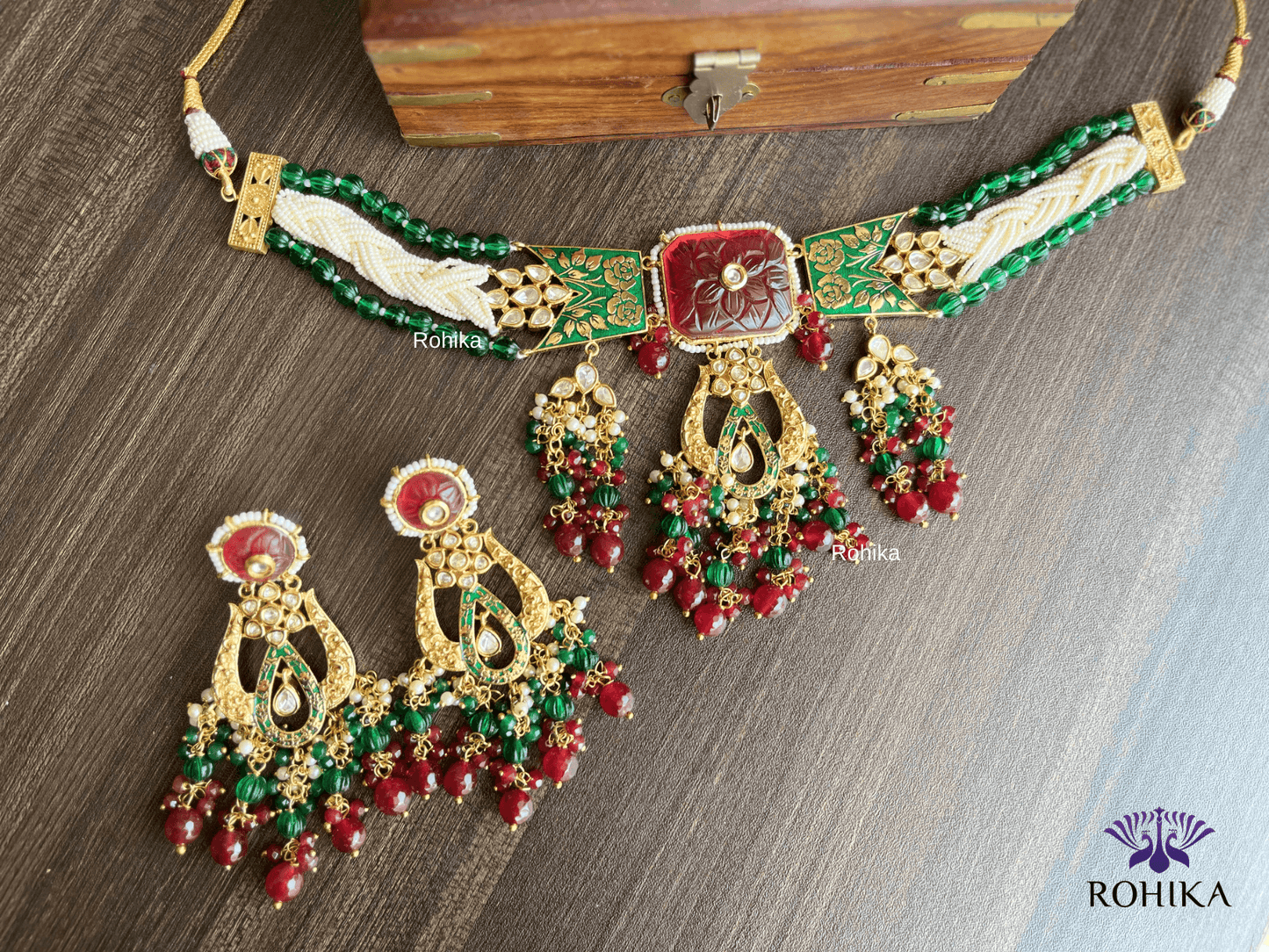 Fusion choker set - Maroon and Green - Rohika Store