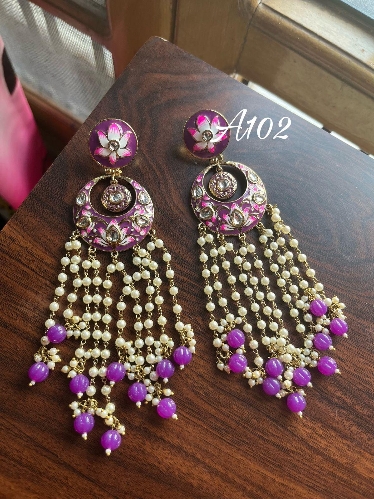 Rimjhim Meenakari pearl earrings-Purple - Rohika Store