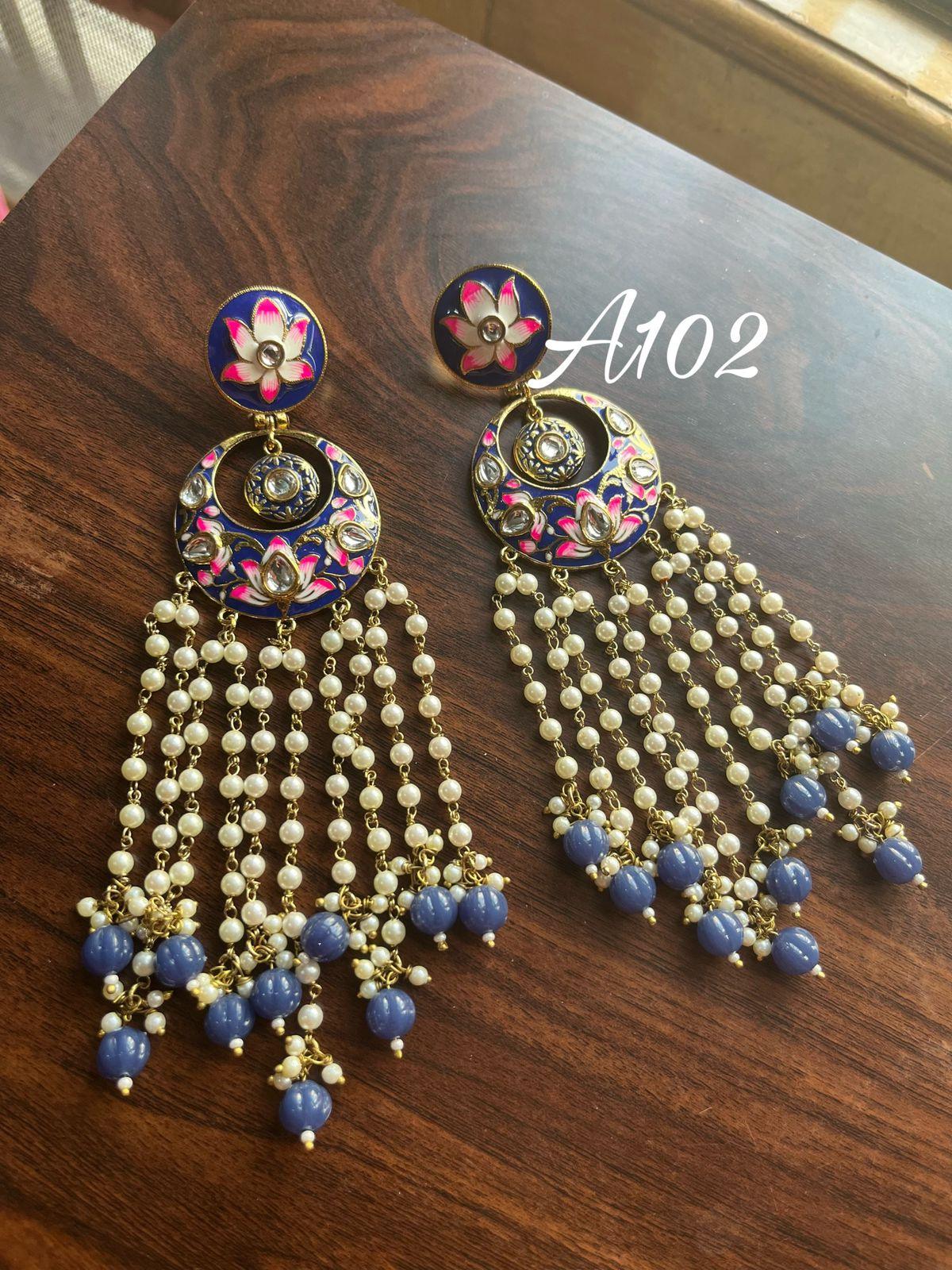 Rimjhim Meenakari pearl earrings-Navy Blue - Rohika Store