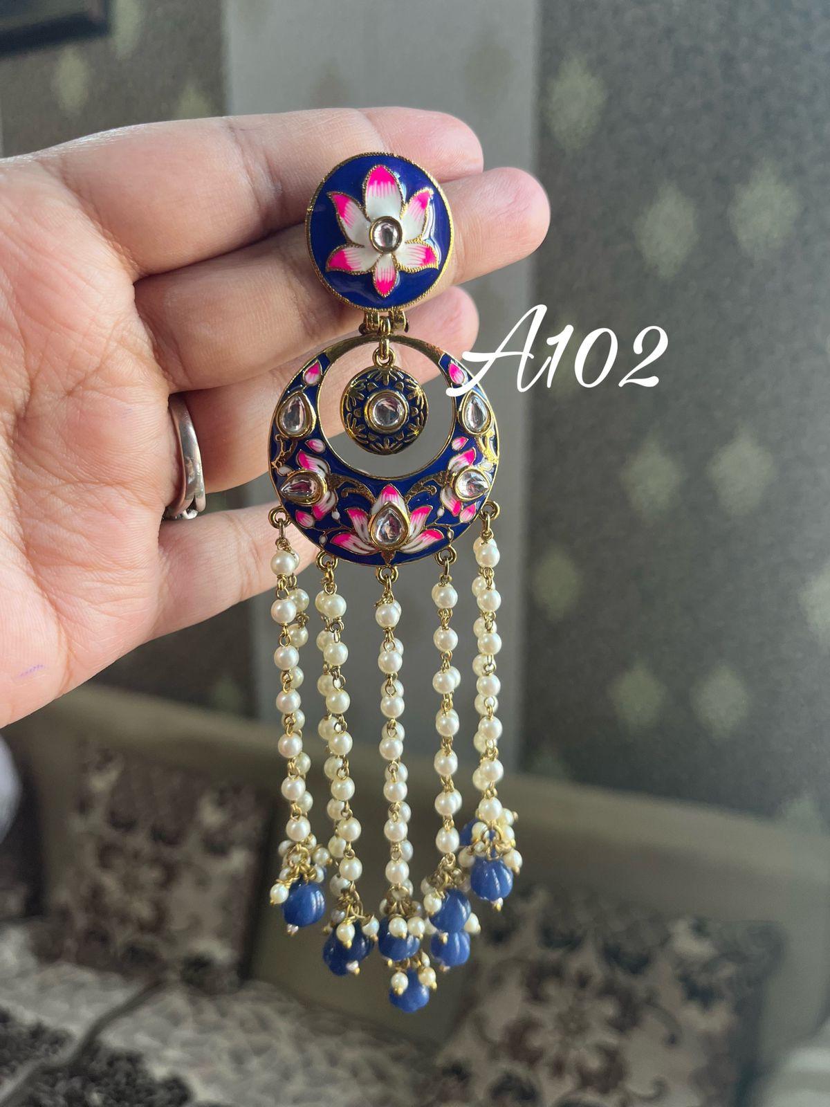 Rimjhim Meenakari pearl earrings-Navy Blue - Rohika Store