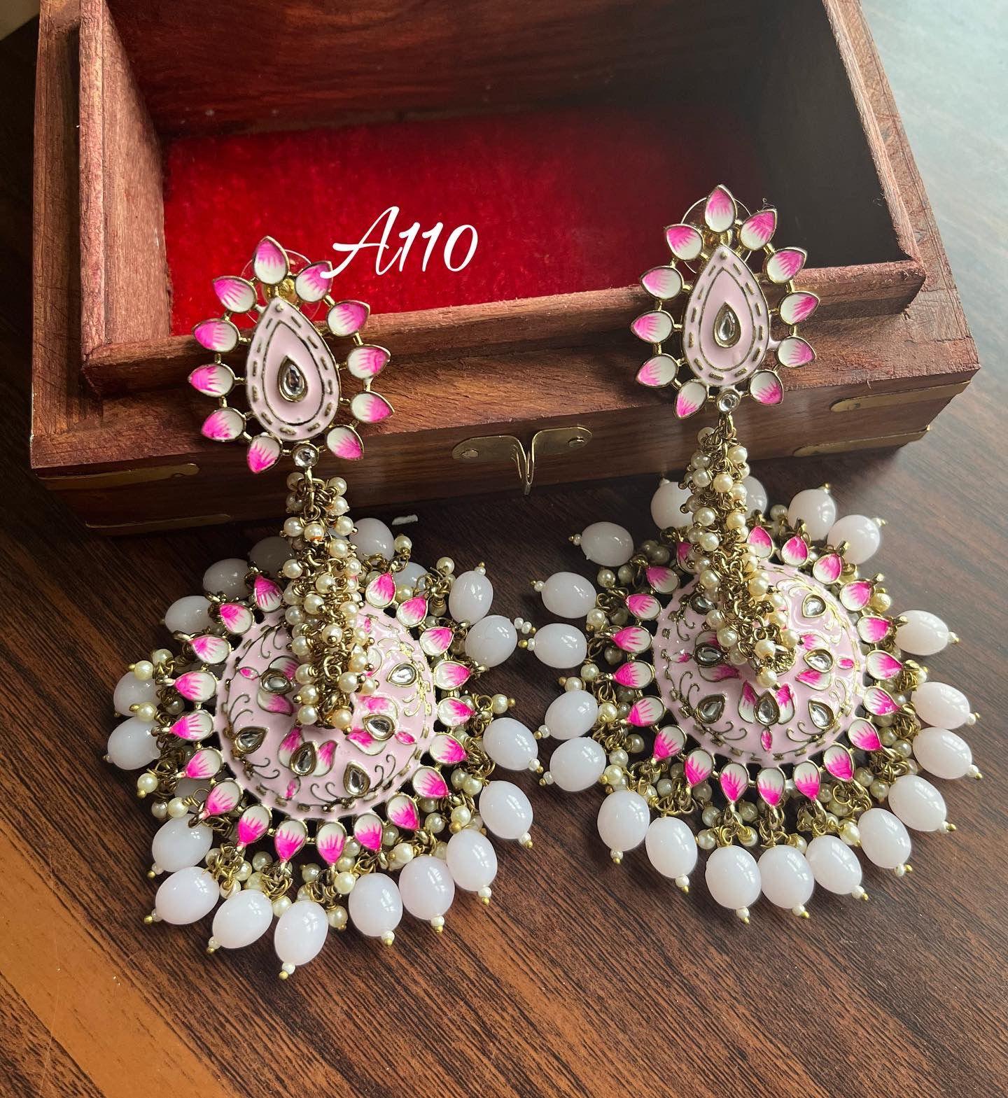 Ghoomar meenakari earrings-Light Pink - Rohika Store