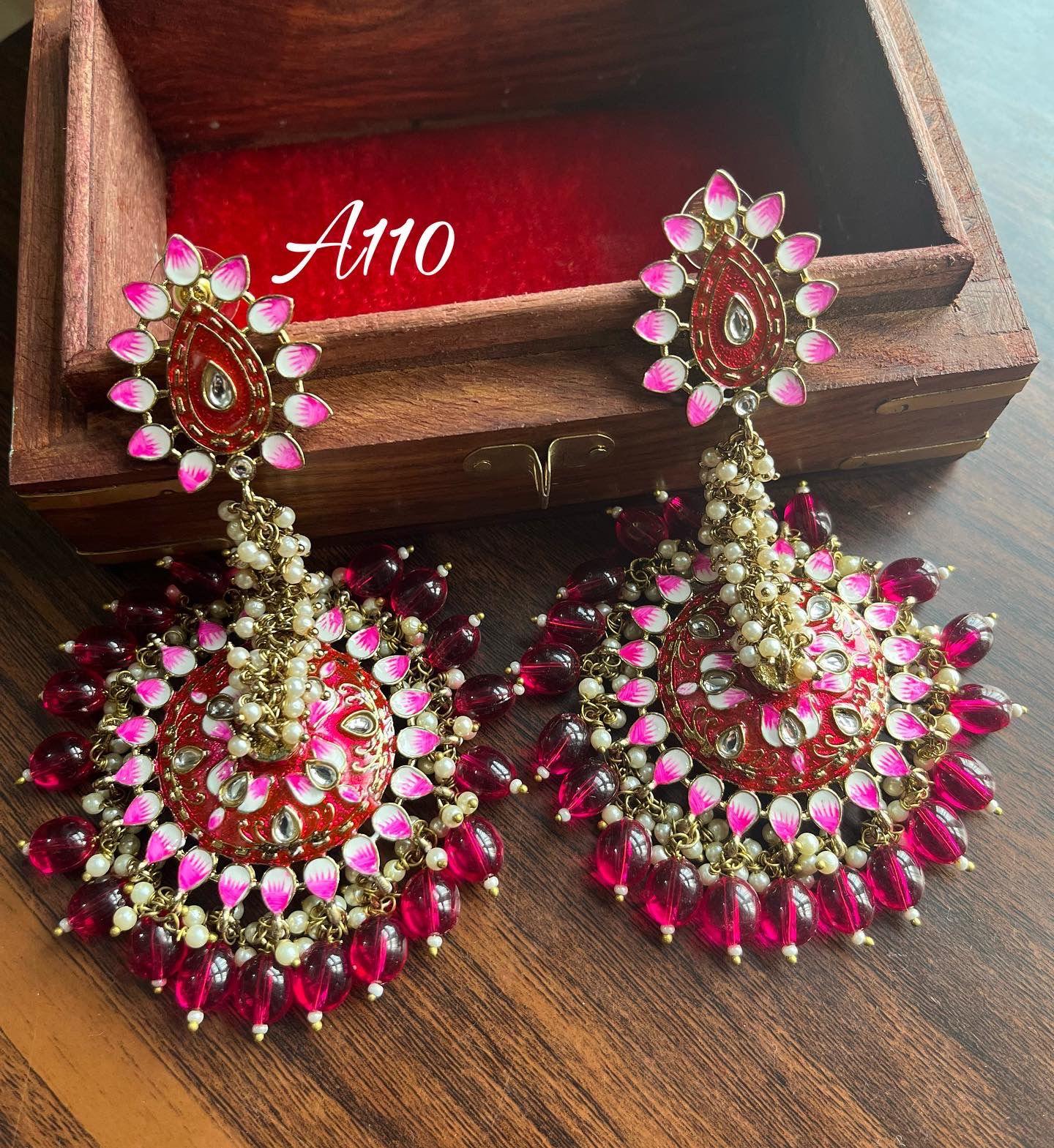 Ghoomar meenakari earrings-Red - Rohika Store