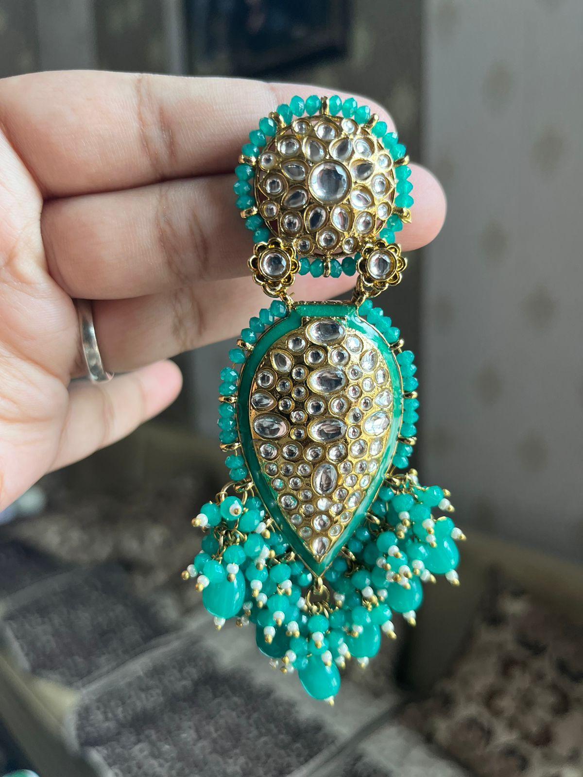 Booti kundan earrings-Dark Green - Rohika Store
