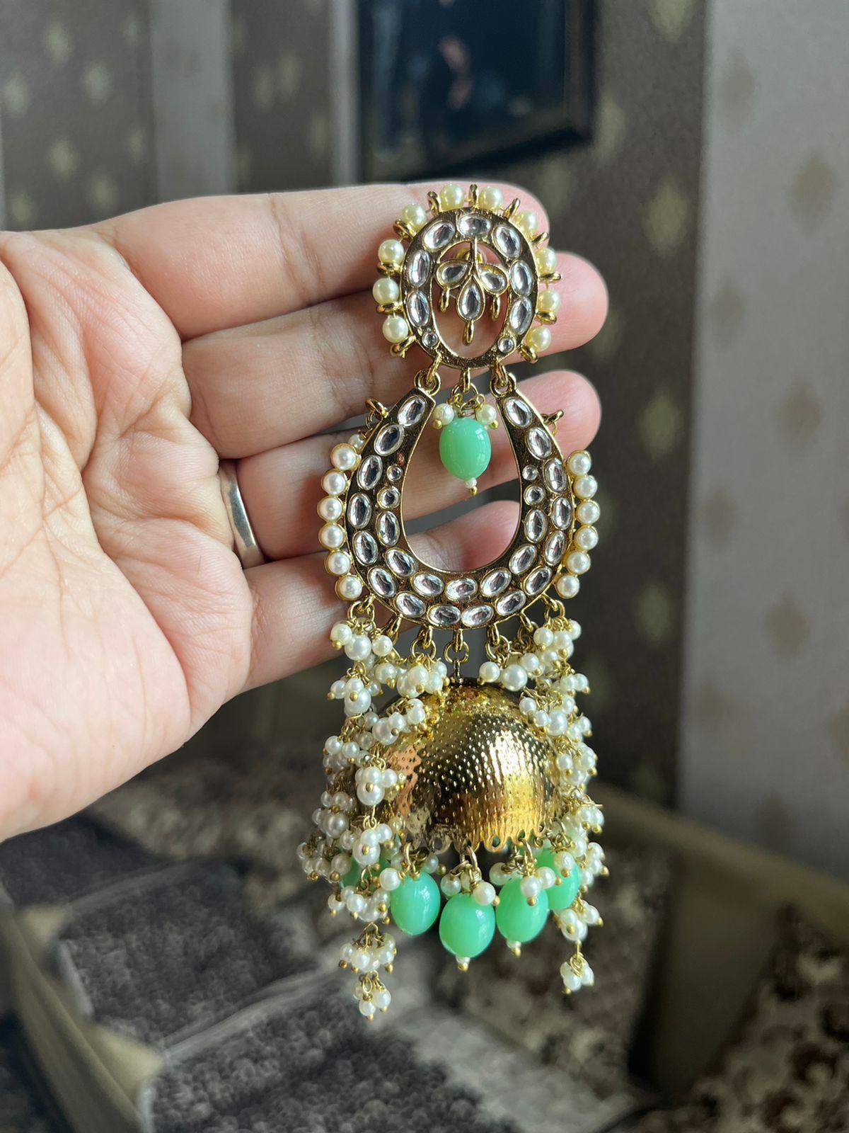Nisha jhumka earrings-Mint Green - Rohika Store