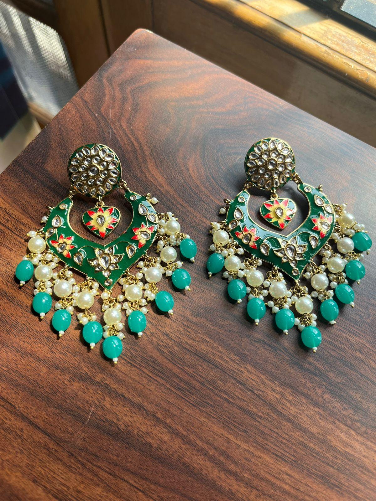 Pankhudi meenakari earrings-Dark Green - Rohika Store