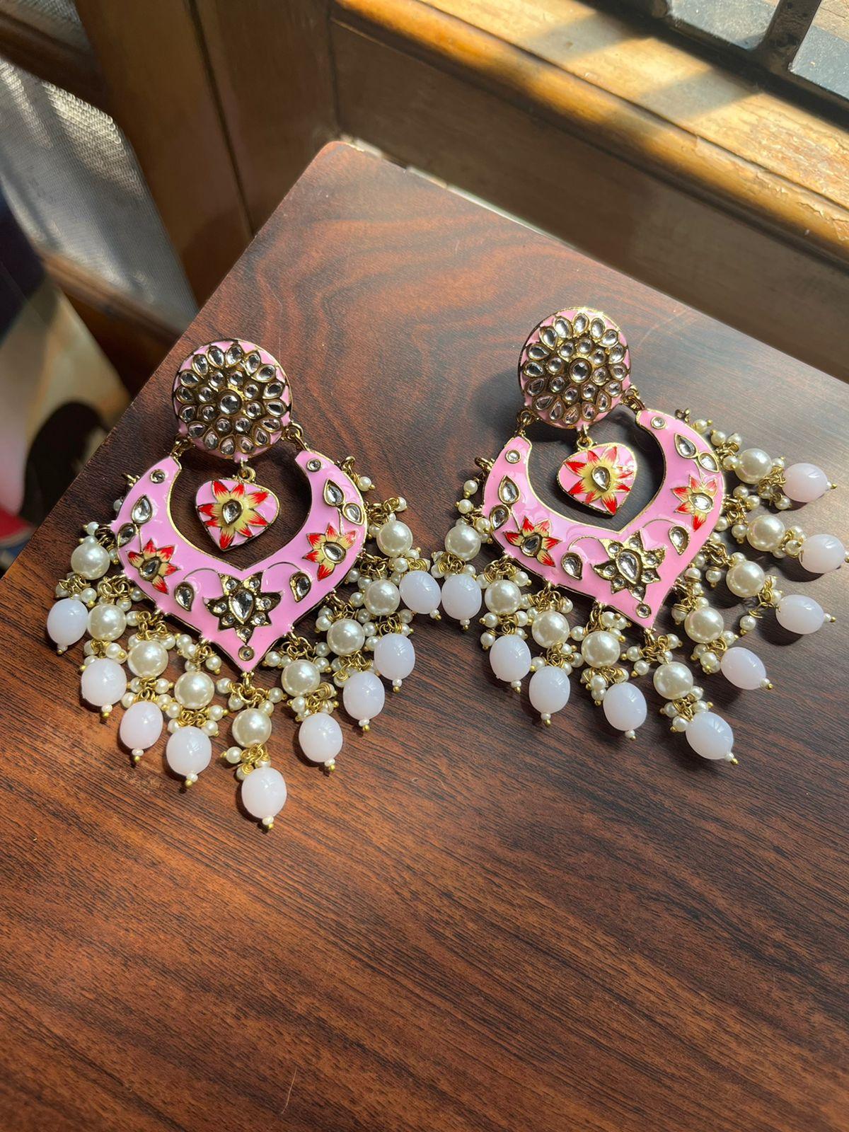 Pankhudi meenakari earrings-Light pink - Rohika Store