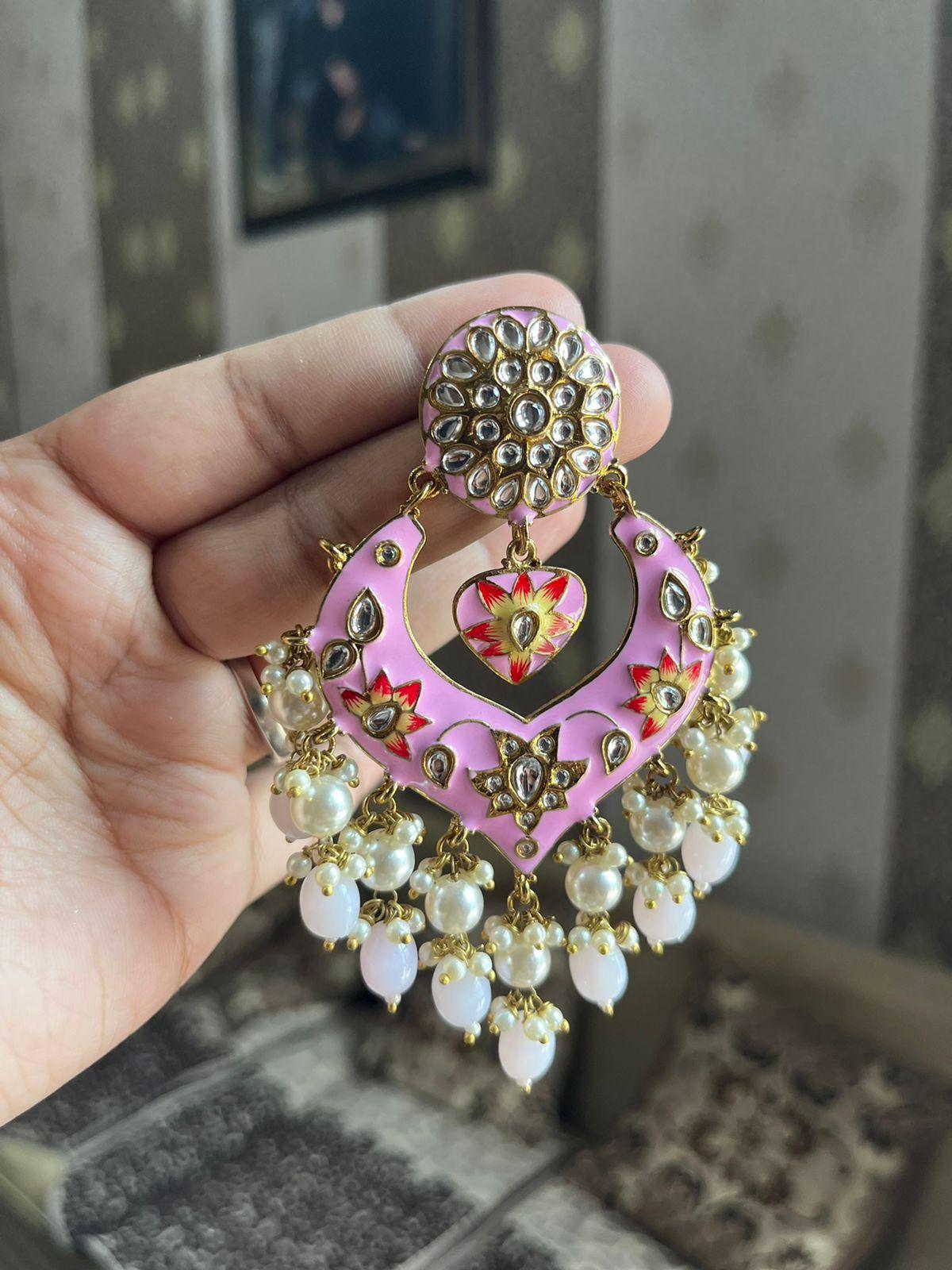 Pankhudi meenakari earrings-Light pink - Rohika Store