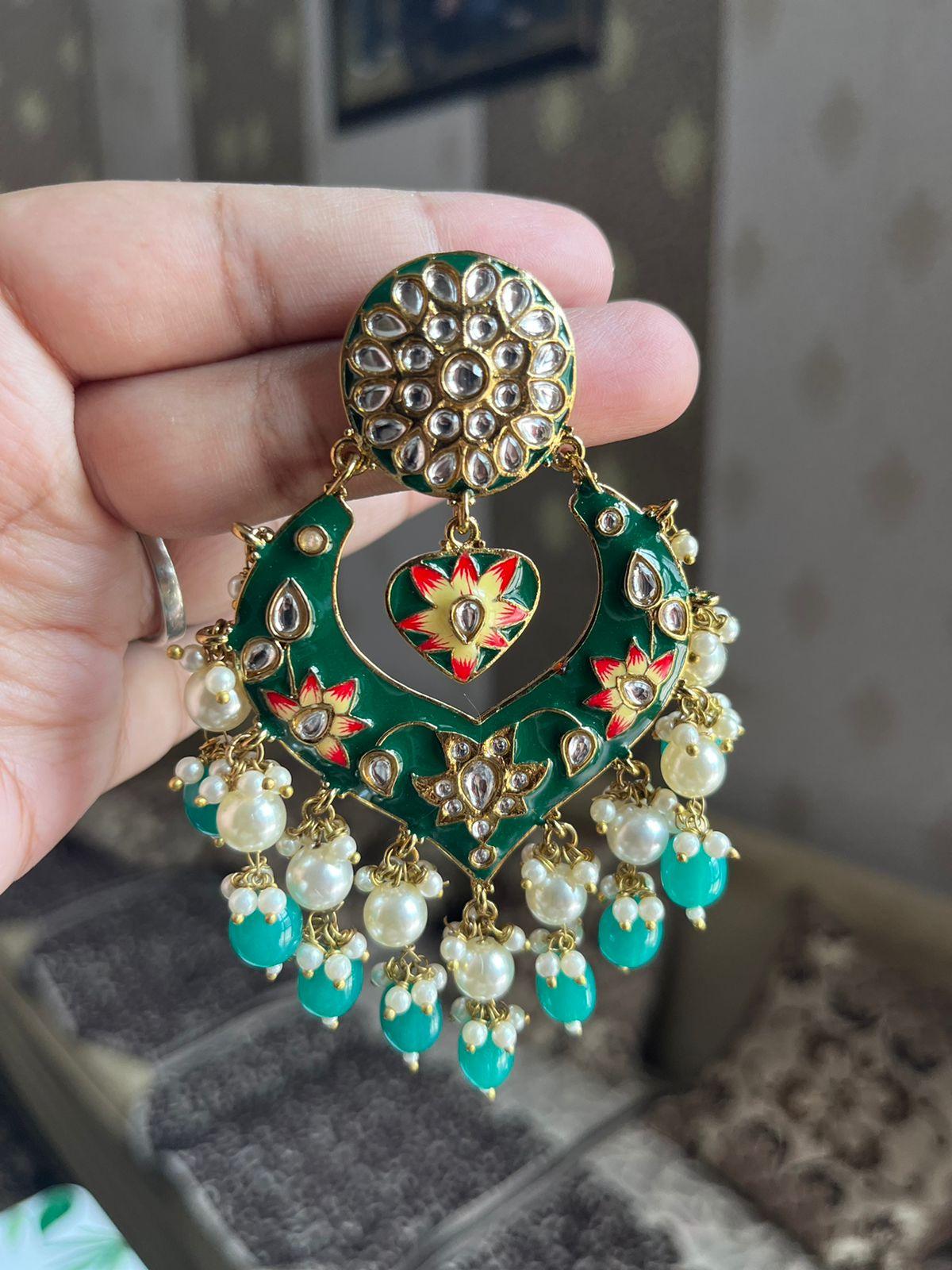 Pankhudi meenakari earrings-Dark Green - Rohika Store