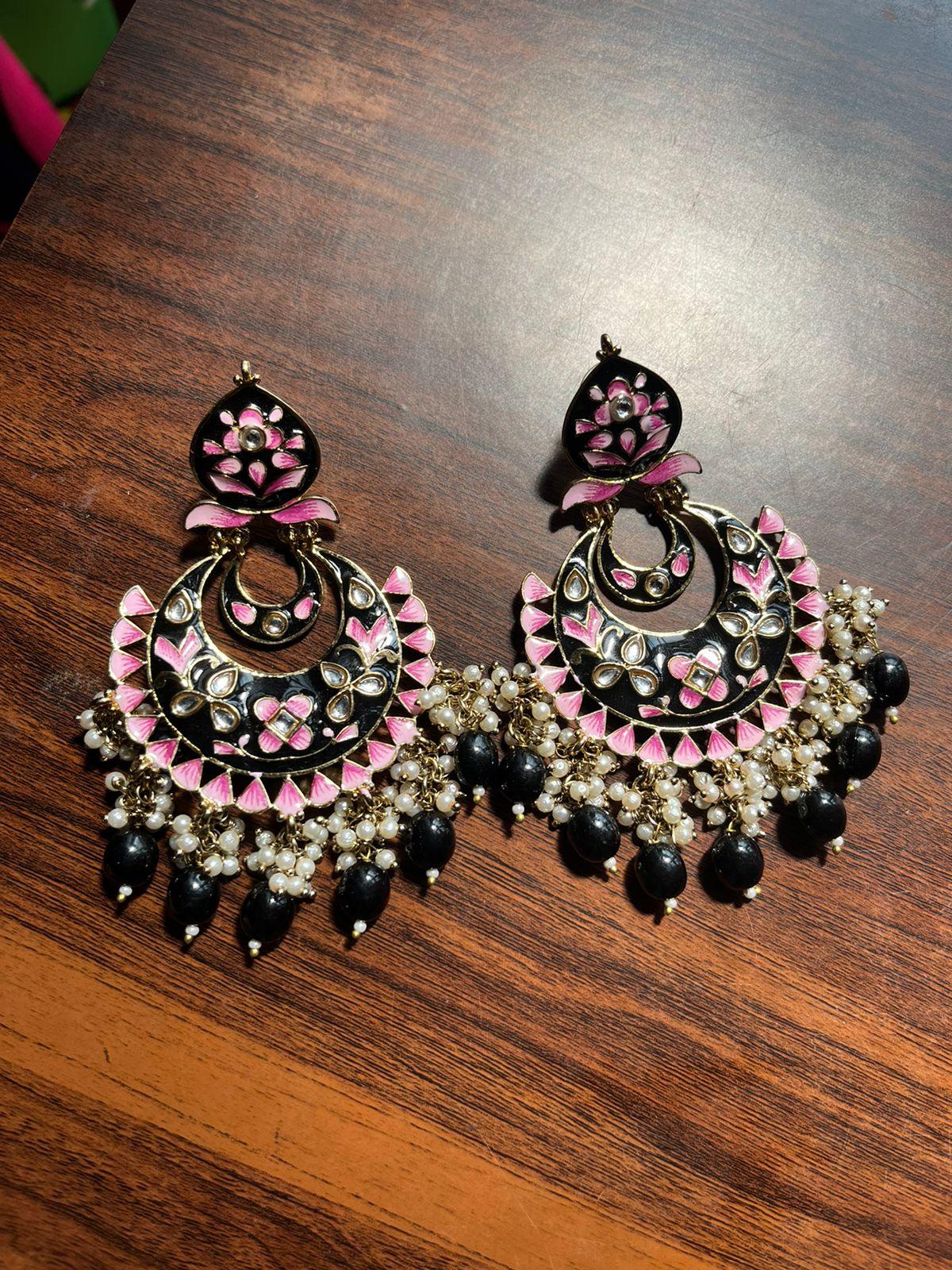 Bahaar meenakari Chandbali earrings-Black - Rohika Store