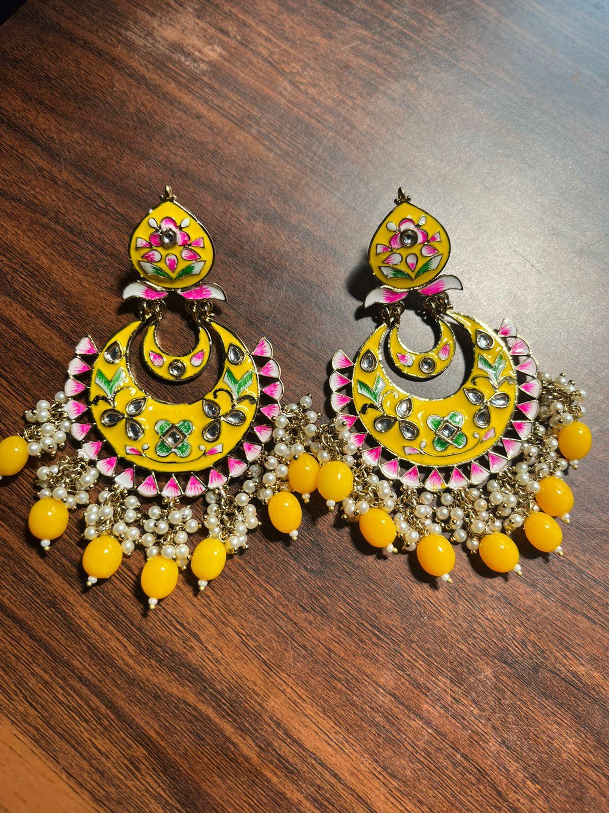 Bahaar meenakari Chandbali earrings-Yellow - Rohika Store