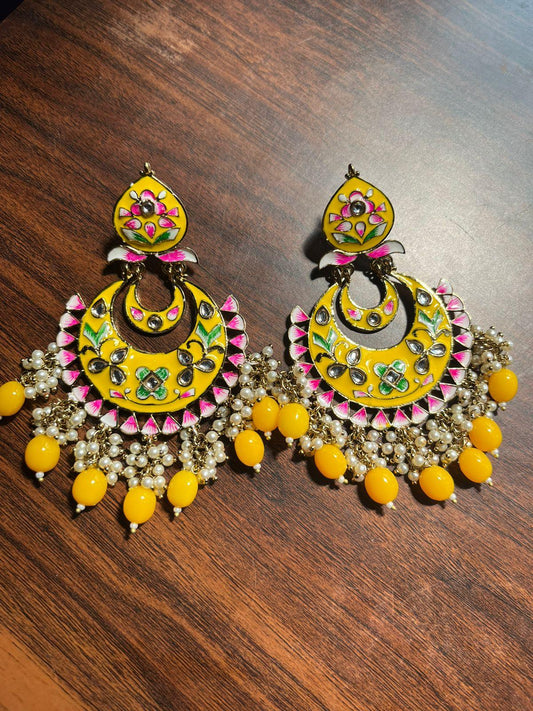 Bahaar meenakari Chandbali earrings-Yellow - Rohika Store