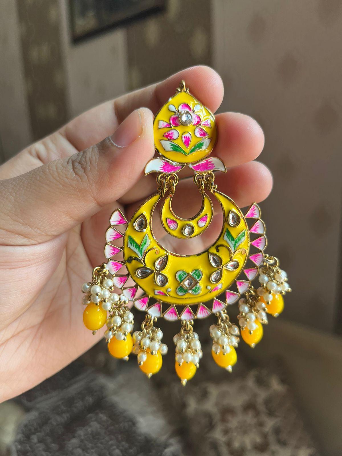 Bahaar meenakari Chandbali earrings-Yellow - Rohika Store