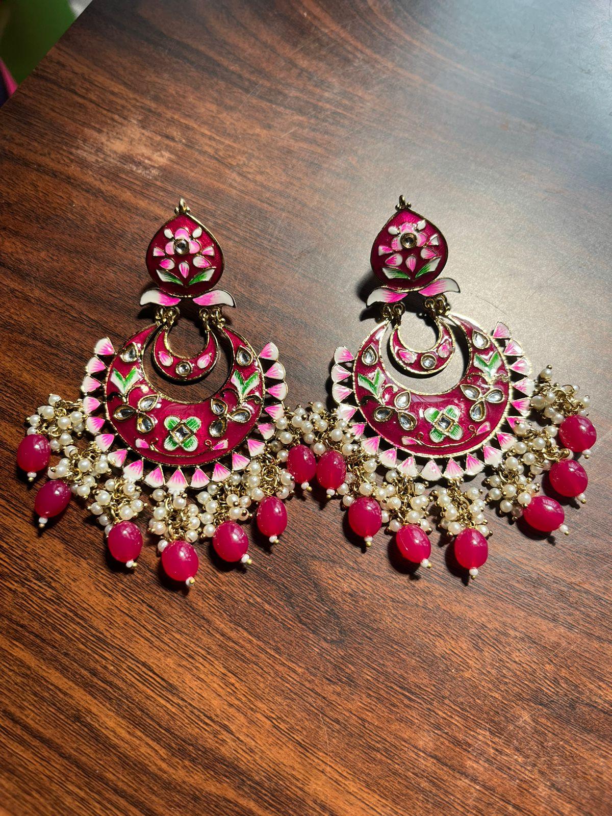 Bahaar meenakari Chandbali earrings-Red - Rohika Store
