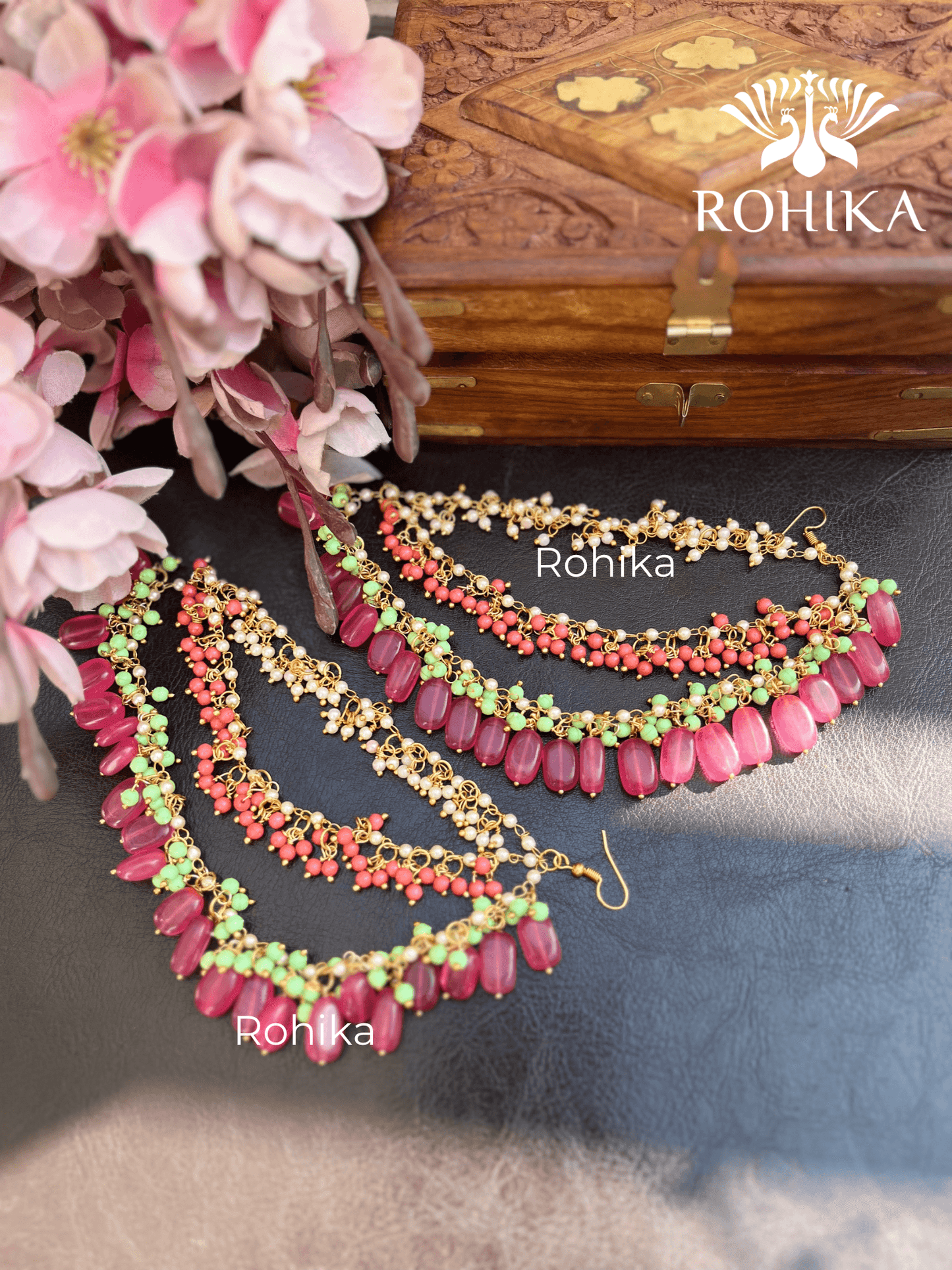 Nandini pearl earchains - Dark pink and green - Rohika Store