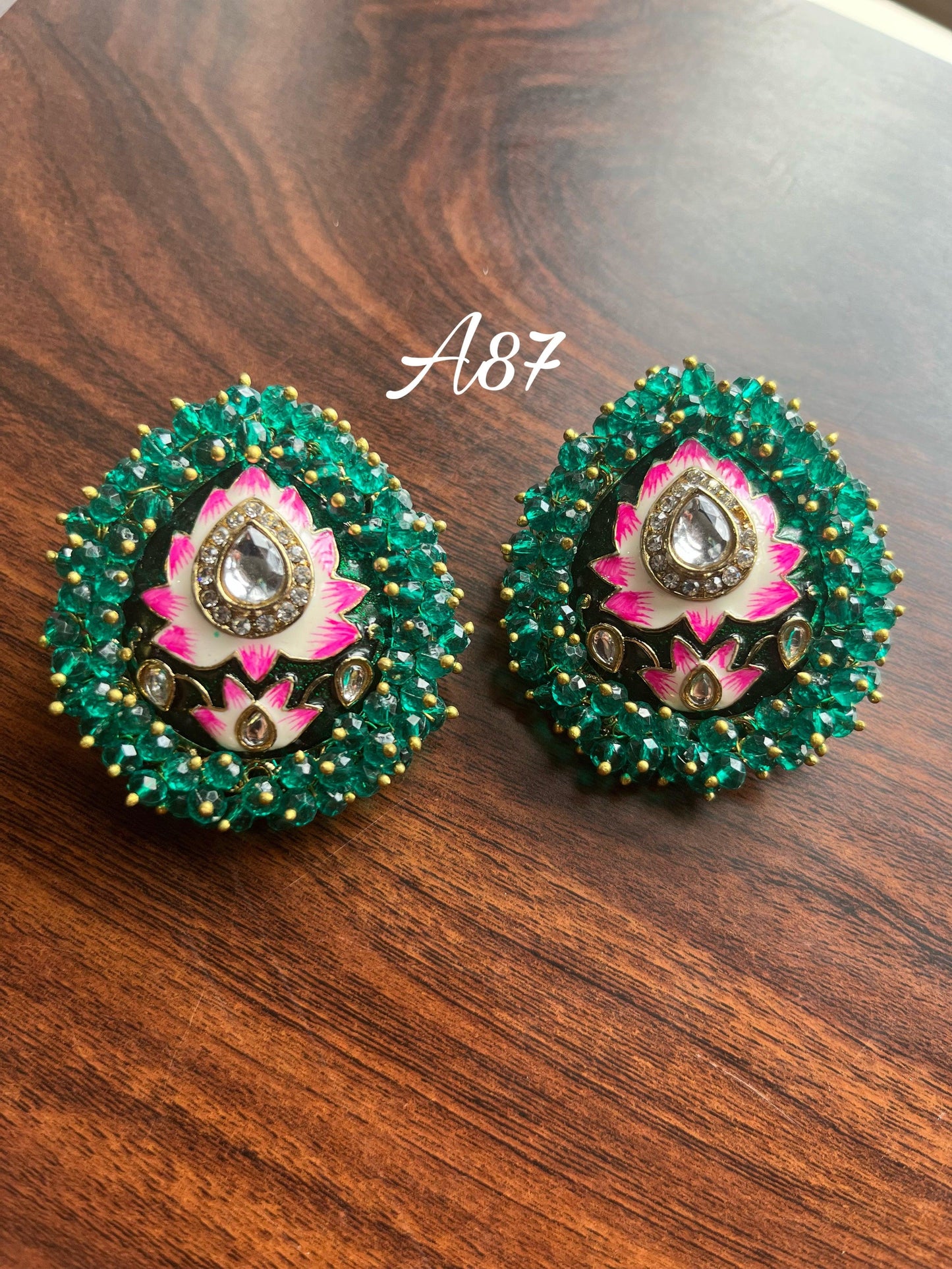 Lotus Meenakari studs-Green - Rohika Store