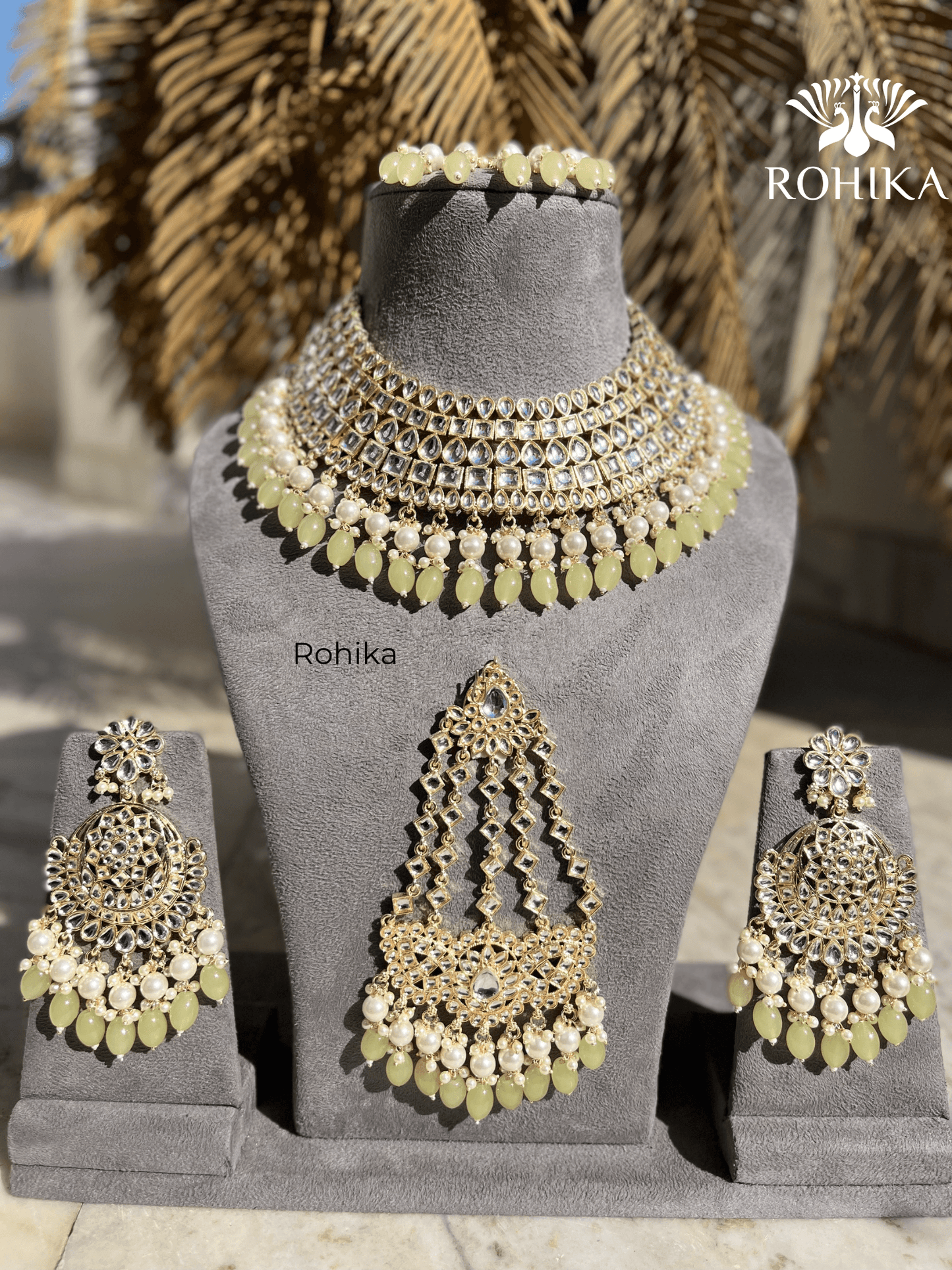 Shehzadi Dabi Kundan semi-bridal necklace set- Lemon green - Rohika Store
