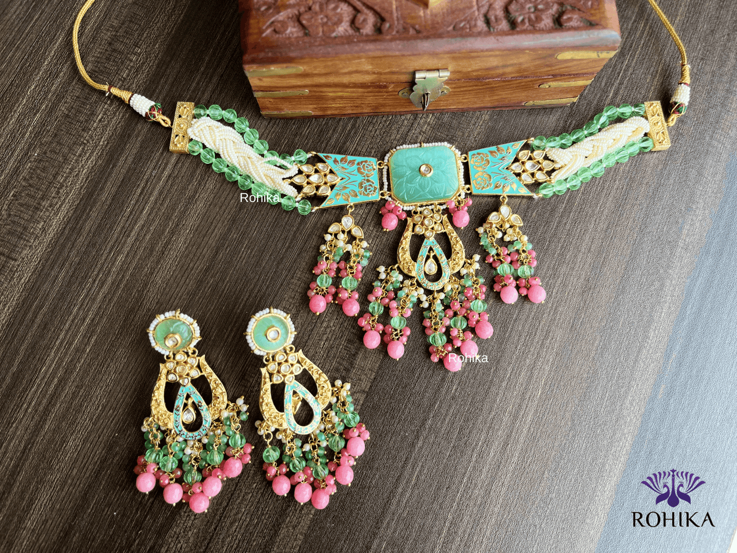 Fusion choker set - Pink and sky blue - Rohika Store