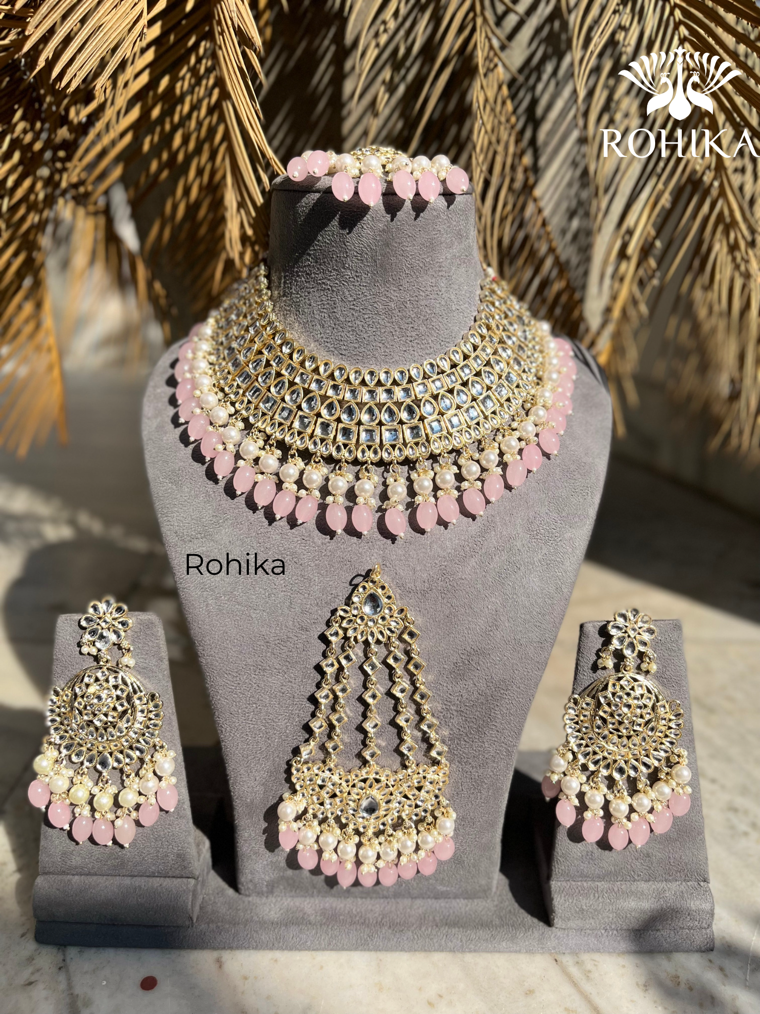 Shehzadi Dabi Kundan semi bridal necklace set Light Pink